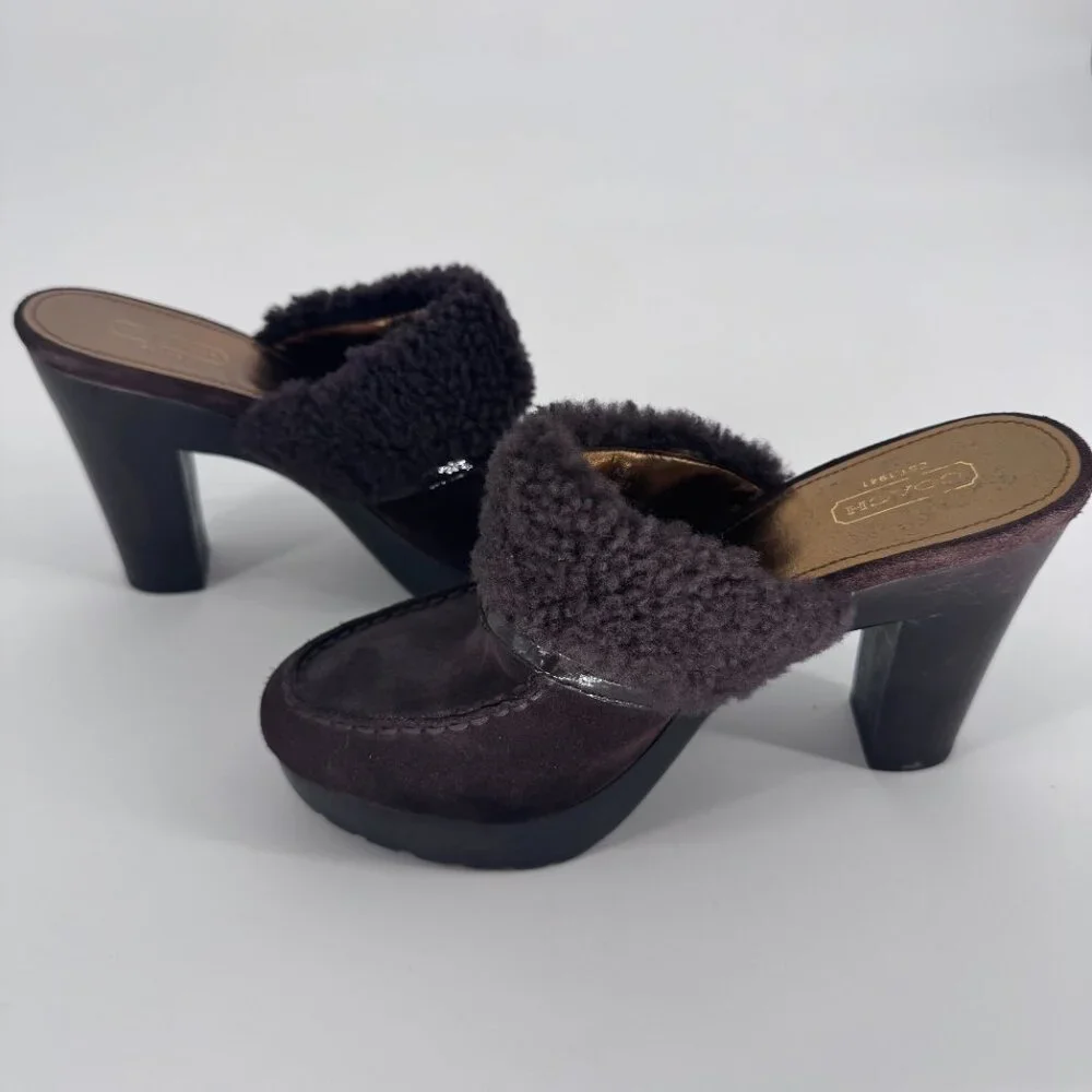 Coach Women’s 7 Brown Suede Shearling Idyle Wooden Heels Clogs Gold Buckle Mules